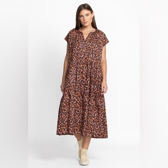 NWT Calme Johnny Was Shirred Neck Tiered Midi Dress Large‎ Black Orange Casual - Picture 1 of 6